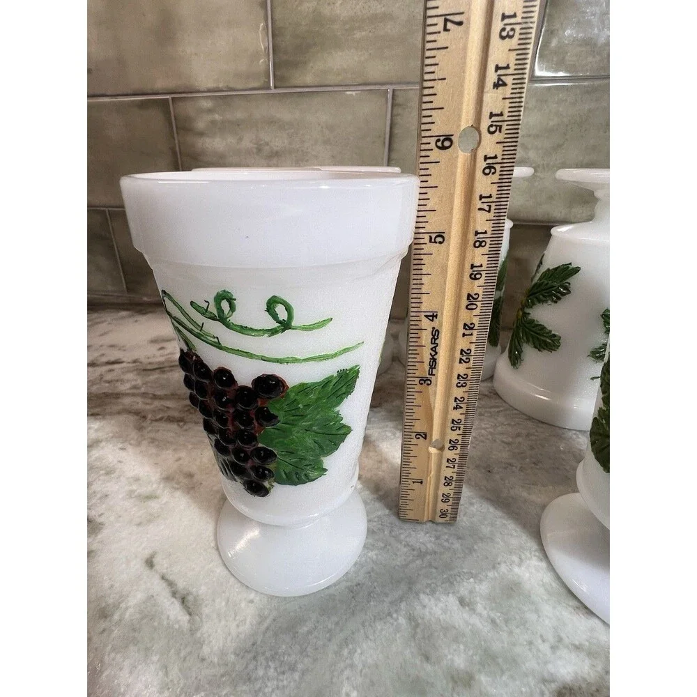 Anchor Hocking Harvest Grape Design Milk-Glass Goblets Circa 1950s Rare Painted